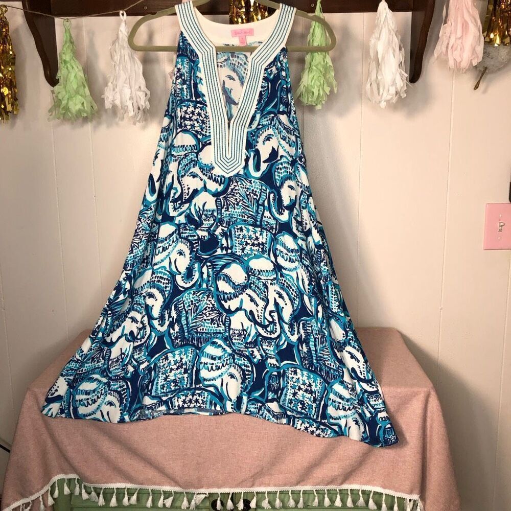 Lilly Pulitzer Womens Elephant Achelle Keep On Trunkin Dress Blue White Small